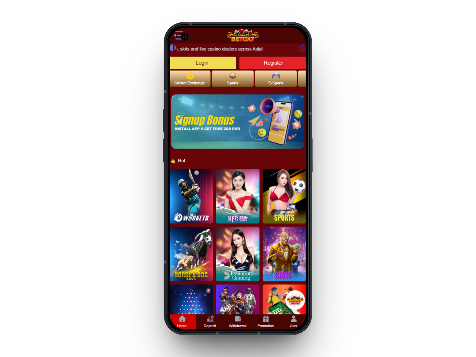 BetCX7 mobile app interface